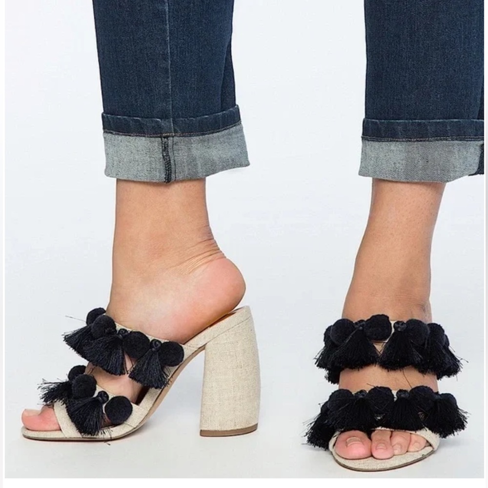 Eloquii Trini Fringe Strappy Block Heel Sandals Blue Navy
